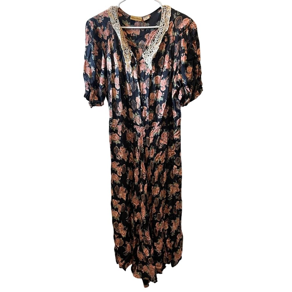 vtg Maxi Dress Adrian Jordan Floral cottagecore Sz 20  Short‎ Sleeves Black pink